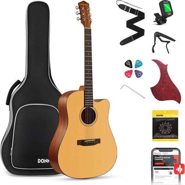 Chitarra Acustica 4/4 Per Adulti Principianti, Kit Per Principianti Cutaway, Abete Rosso Mogano Da 41 Pollici, 6 Corde, Borsa, Capotasto, Plettri, Tracolla-image
