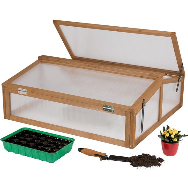 Needs&Wants® FrüHbeet Aufsatz Klein Aus Holz Bausatz, FrüHbeetkasten Mit Abdeckung GewäChshaus Mit Deckel Wetterfest FüR Garten Balkon Outdoor, 90X82X32 Cm, Polycarbonat, Dunkel-Braun-image