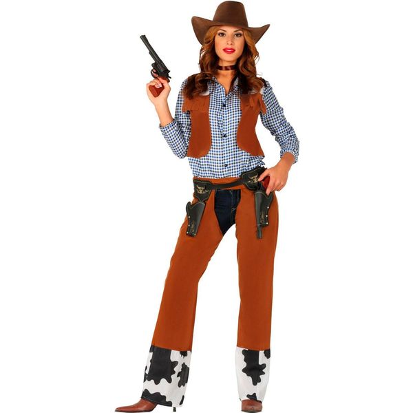 Costume Tradizionale Da Cowgirl, Costume Di Carnevale, Costume Da Cowboy Del Selvaggio West, Taglia: 36 - 38 (S) Colore: Marrone-image