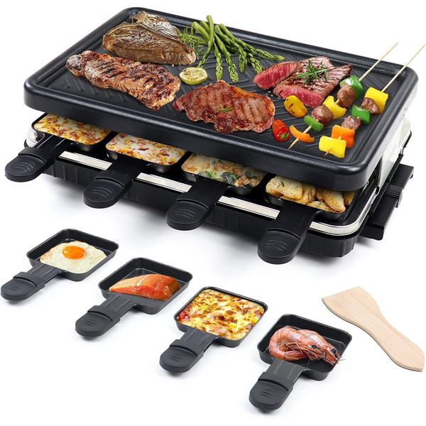 Griglia Per Raclette Rivestimento Antiaderente Griglia Con 8 Mini Teglie Per Raclette E 4 Spatole Di Legno Griglia Per Raclette, 1300W-image
