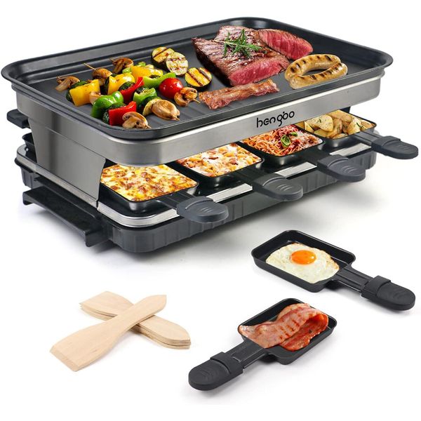 Raclette Con 8 Mini Padelle Per Raclette E 4 Spatole In Legno, Temperatura Regolabile In Continuo, 1500W, Acciaio Inox-image