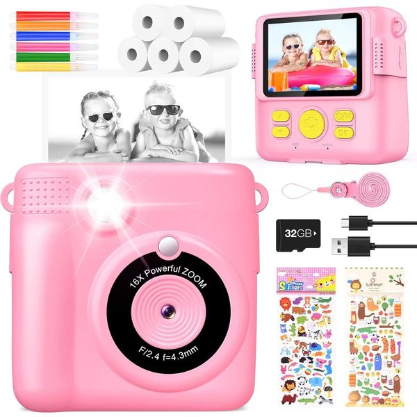 Fotocamera Digitale Stampa Fotocamera Istantanea 1080P Videocamera Fotocamera In Bianco E Nero (Rosa)-image