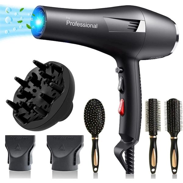 Motore Ac 2400W Asciugacapelli Ion Con Diffusore, Asciugacapelli Ad Asciugatura Rapida, Asciugacapelli Da Salone Con Pulsante Caldo/Freddo, 2 Ugelli 3 Spazzole Per Capelli-image