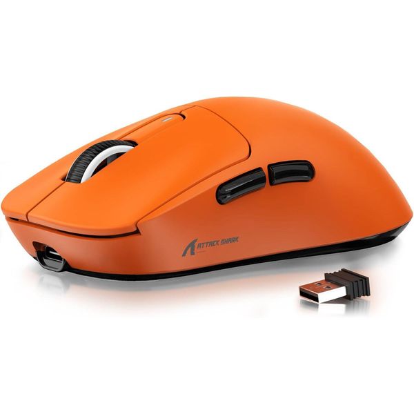**Attack Shark X3 49G Mouse Da Gioco Ultraleggero, Sensore Pixart PAW3395, 26000 Dpi, BT/2.4G Wireless/Wired, Batteria 200H, Per Win11/Xbox/Ps/Mac (Arancione)-image