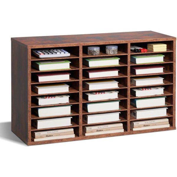 Organizzatore Di Letteratura In Legno Marrone Scuro Con 24 Scomparti E Ripiani Rimovibili-image