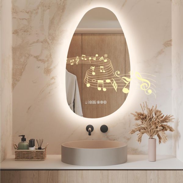 S'afielina 85 X 50 Cm Specchio Da Bagno Con Illuminazione Asimmetrico Con 3 Colori Di Luce Dimmerabili, Antiappannamento, Bluetooth, Orologio, Temperatura, Funzione Memoria-image