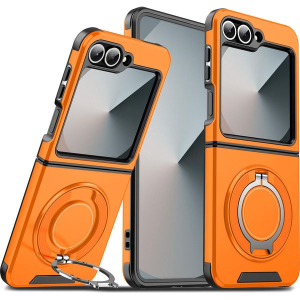Custodia A Doppio Strato Per Samsung Galaxy Z Flip6 / Z Flip7 Fe, Con Copertura Scorrevole Della Fotocamera E Supporto Magnetico Ad Anello Arancione-image