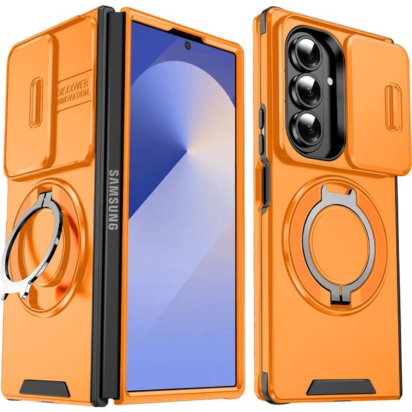 Custodia A Doppio Strato Per Samsung Galaxy Z Fold7, Con Copertura Scorrevole Della Fotocamera E Supporto Ad Anello Magnetico Arancione-image