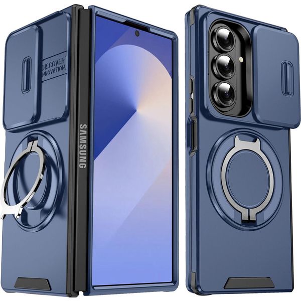 Custodia A Doppio Strato Per Samsung Galaxy Z Fold7, Con Copertura Scorrevole Della Fotocamera E Supporto Magnetico Ad Anello Blu-image