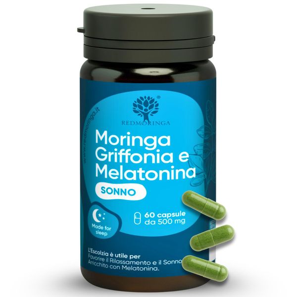 Redmoringa Integratore Melatonina Per Dormire Con Griffonia 5-HTP | 100% Naturale Per Sonno E Rilassamento | 60 Capsule Vegetali | Italy-image