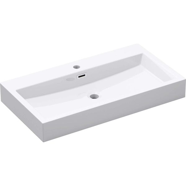 Doporro Lavabo Da Appoggio Rettangolare, Lavabo Bagno Sospeso Con Foro Rubinetto E Troppopieno, Lavandino In Marmo Resina Bianco Lucido 76.5X42X10Cm, Colossum06-image