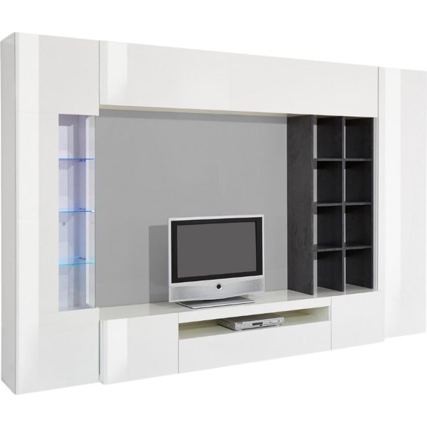 Dmora Parete Attrezzata Mazze 40X290X192H Cm Bianco Bianco Lucido, Modulabile Apertura Battente E A Ribalta Italy-image