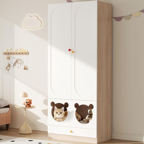 Armadio Per Bambini Merax Con Letto Per Gatti, Appendiabiti, Ripiani Aperti, Adatto Agli Animali Domestici, Mobili Per La Camera Dei Bambini, 80×50×200 Cm, Bianco + Legno Naturale-image