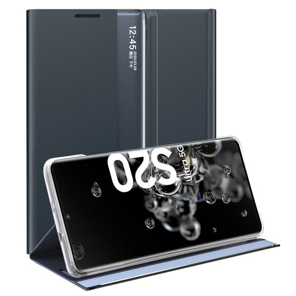 Custodia Galaxy S20 Ultra, Custodia Sottile In Pelle Flip Con Finestra E Supporto Per Samsung Galaxy S20 Ultra Blu Navy-image