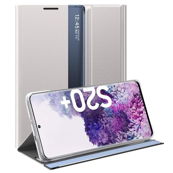Custodia Galaxy S20 Plus, Custodia Sottile In Pelle Con Finestra E Supporto Per Samsung Galaxy S20 Plus Argento-image
