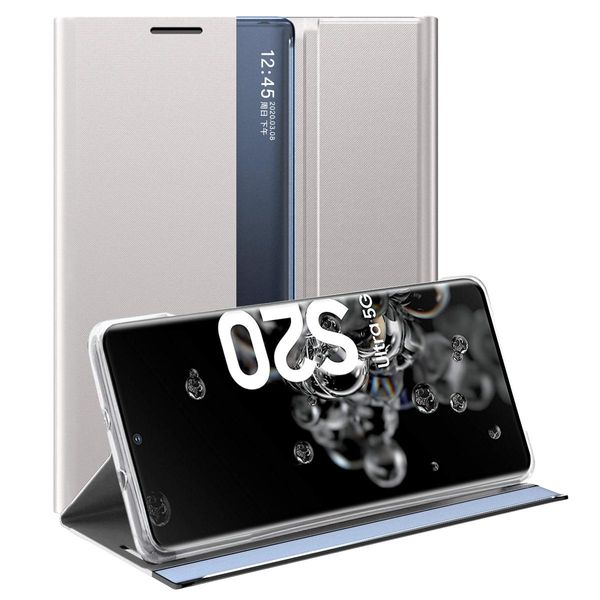 Custodia Galaxy S20 Ultra, Custodia Sottile In Pelle Flip Con Finestra E Supporto Per Samsung Galaxy S20 Ultra Argento-image