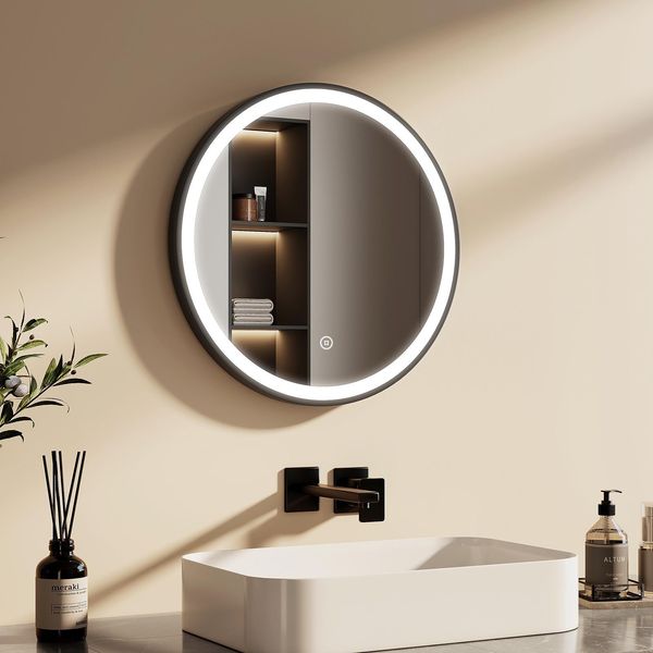 Emke Specchio Led Per Bagno Rotondo Diametro 50 Cm Specchio Led Per Bagno Con Illuminazione Specchio Bianco Freddo Illuminato Specchio Da Parete Con Interruttore A Sfioramento IP44 A Risparmio Energetico (Design Nero)-image