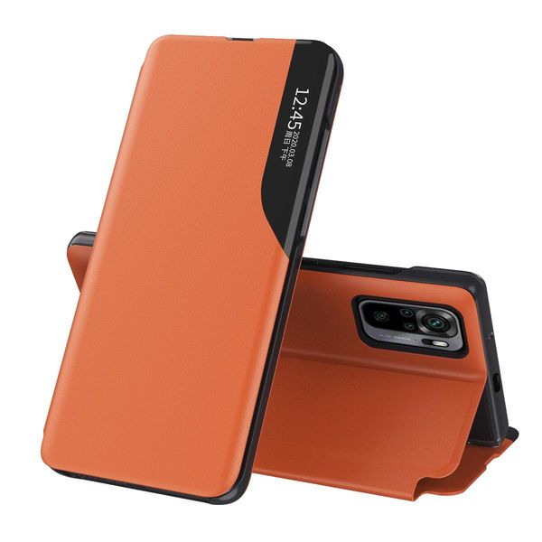 Custodia Flip Per Xiaomi Redmi Note 10 / Note 10S, Custodia In Finto Cuoio Con Finestra E Funzione Stand Arancione-image