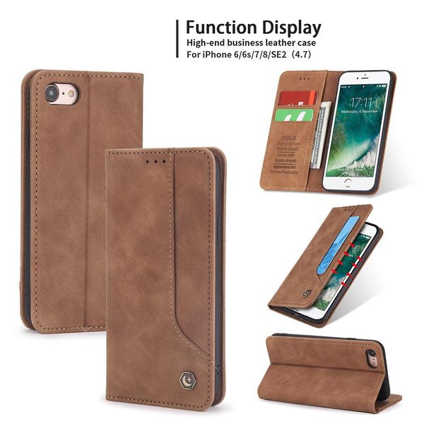 Custodia Retrò In Finto Cuoio Per Iphone Se 2020 / Iphone 8 / 7 / 6 / 6S Custodia Design Portafoglio Con Porta Carte E Supporto Brown-image