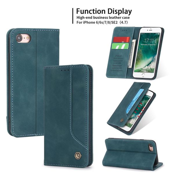 Custodia Retrò In Finto Cuoio Per Iphone Se 2020 / Iphone 8 / 7 / 6 / 6S Custodia Design Portafoglio Con Porta Carte E Supporto Blu-image