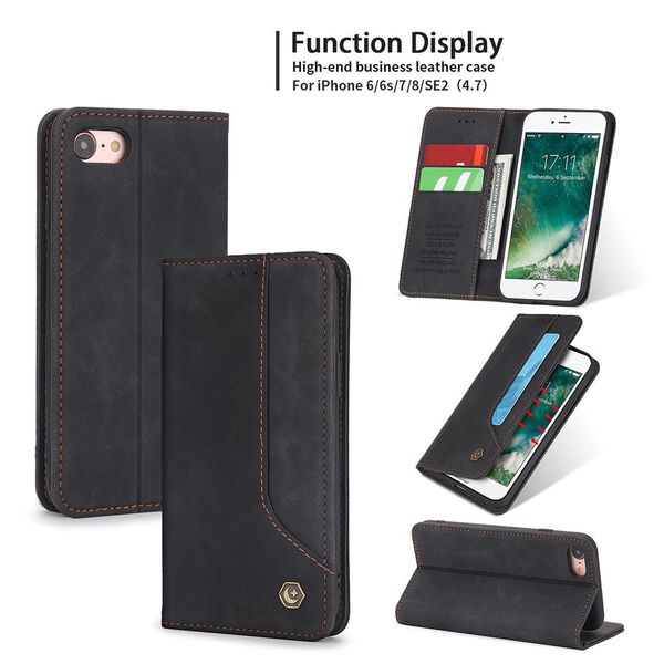 Custodia Retrò In Finto Cuoio Per Iphone Se 2020 / Iphone 8 / 7 / 6 / 6S Custodia Design Portafoglio Con Porta Carte E Supporto Nero-image