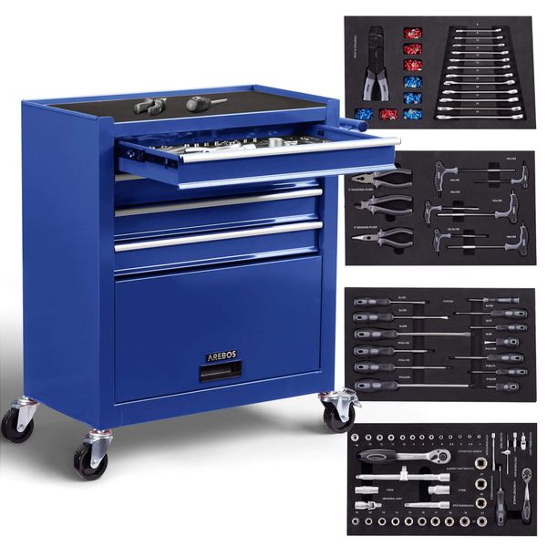 Carrello Da Officina Arebos, 4 Cassetti, 81 Utensili, Tappetini Antiscivolo, Rosso/Blu-image