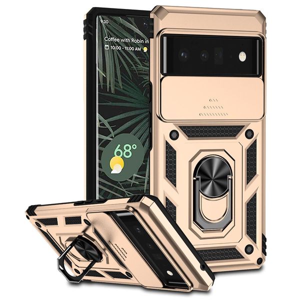 Custodia Per Google Pixel 6 Pro A Doppio Strato Con Copertura Scorrevole Della Fotocamera E Supporto Ad Anello Oro-image