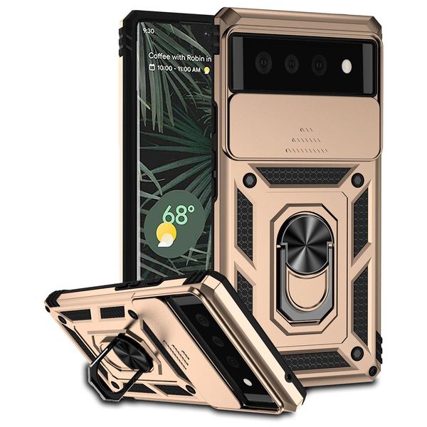 Custodia Per Google Pixel 6 A Doppio Strato Con Copertura Scorrevole Della Fotocamera E Supporto Ad Anello Oro-image