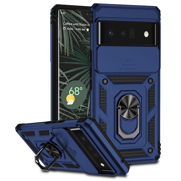 Custodia Per Google Pixel 6 Pro A Doppio Strato Con Copertura Scorrevole Della Fotocamera E Supporto Ad Anello Blu-image