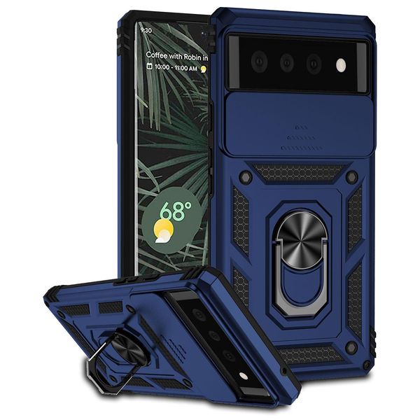 Custodia Per Google Pixel 6 A Doppio Strato Con Copertura Scorrevole Della Fotocamera E Supporto Ad Anello Blu-image