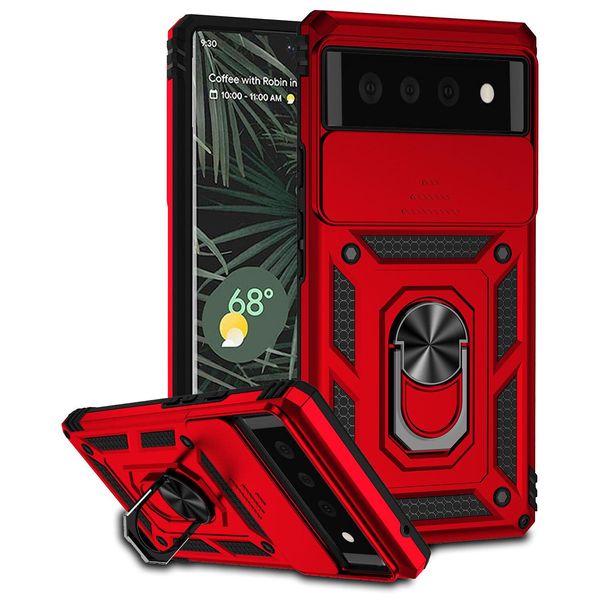 Custodia Per Google Pixel 6 A Doppio Strato Con Copertura Scorrevole Della Fotocamera E Supporto Ad Anello Rosso-image