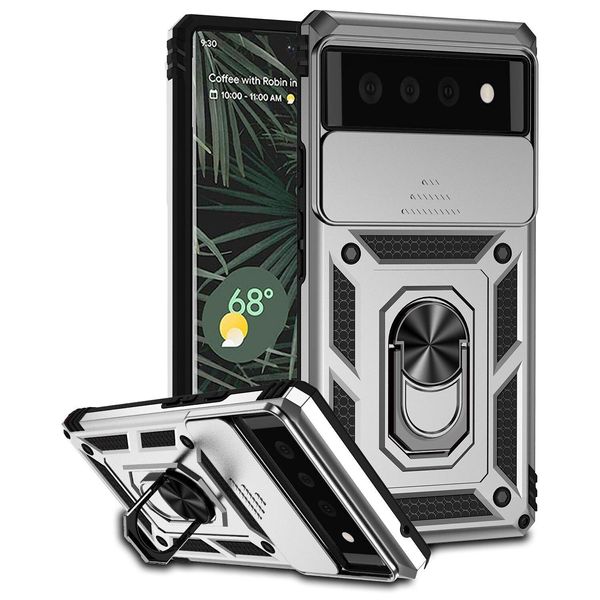Custodia Per Google Pixel 6 A Doppio Strato Con Copertura Scorrevole Della Fotocamera E Supporto Ad Anello Argento-image