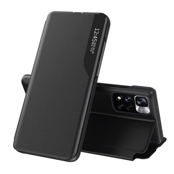 Custodia Flip Per Xiaomi Redmi Note 11, Custodia In Finto Cuoio Con Finestra E Funzione Stand Nero-image