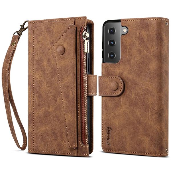 Custodia Protettiva Per Samsung Galaxy S21 5G, Custodia In Pelle Con Cerniera, Portafoglio Pieghevole Con Slot Per Schede, Supporto E Passante Marrone-image