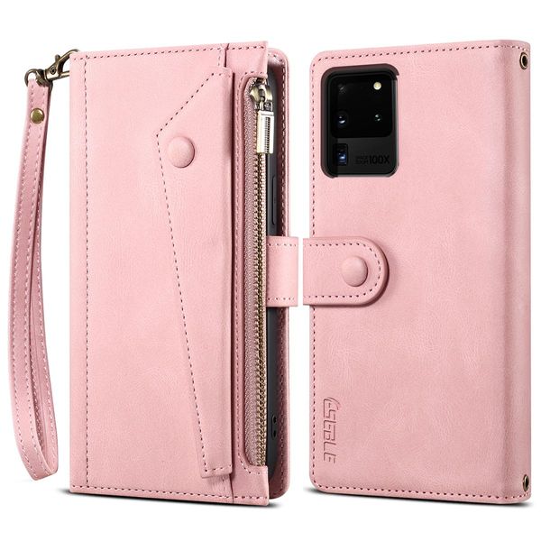 Custodia Protettiva Per Samsung Galaxy S20 Ultra / S20 Ultra 5G, Custodia In Pelle Con Cerniera, Portafoglio Pieghevole Con Slot Per Carte, Supporto E Cinturino Rosa-image