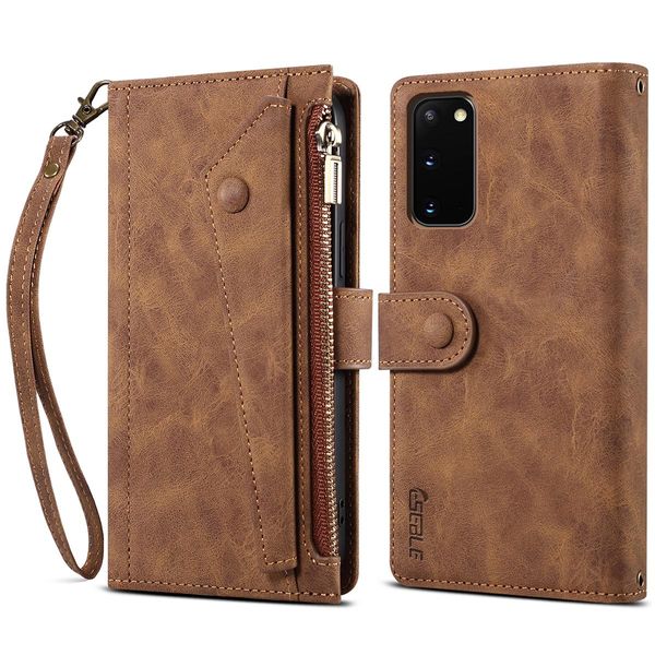 Custodia Protettiva Per Samsung Galaxy S20 / S20 5G, Custodia In Pelle Con Cerniera, Portafoglio Pieghevole Con Slot Per Schede, Supporto E Passante Marrone-image