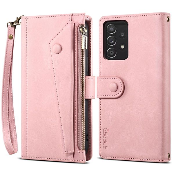 Custodia Protettiva Per Samsung Galaxy A53 5G, Custodia In Pelle Con Cerniera, Portafoglio Pieghevole Con Slot Per Schede, Supporto E Passante Rosa-image