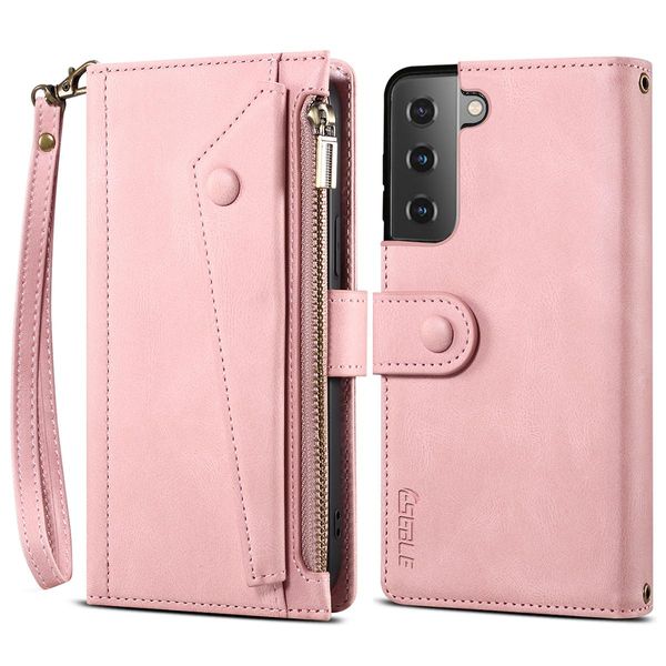 Custodia Protettiva Per Samsung Galaxy S21 Fe 5G, Custodia In Pelle Con Cerniera, Portafoglio Pieghevole Con Slot Per Schede, Supporto E Passante Rosa-image