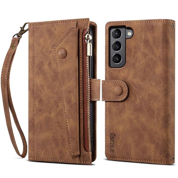 Custodia Protettiva Per Samsung Galaxy S23+ In Pelle Con Cerniera, Portafoglio Pieghevole Con Slot Per Carte, Supporto E Passante Marrone-image