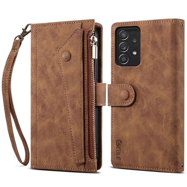 Custodia Protettiva Per Samsung Galaxy A53 5G, Custodia In Pelle Con Cerniera, Portafoglio Pieghevole Con Slot Per Schede, Supporto E Passante Marrone-image