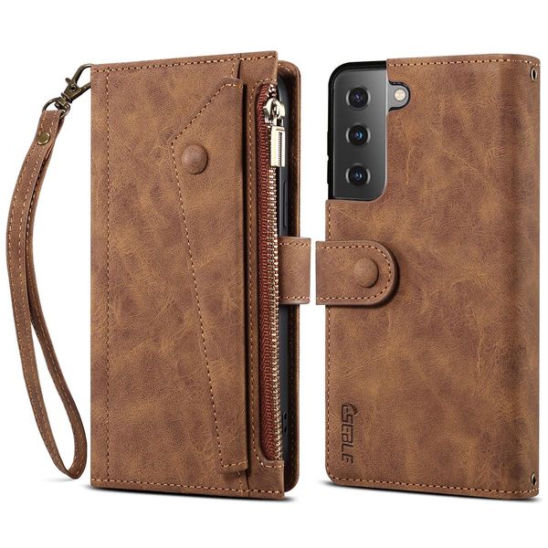 Custodia Protettiva Per Samsung Galaxy S21 Fe 5G, Custodia In Pelle Con Cerniera, Portafoglio Pieghevole Con Slot Per Schede, Supporto E Passante Marrone-image