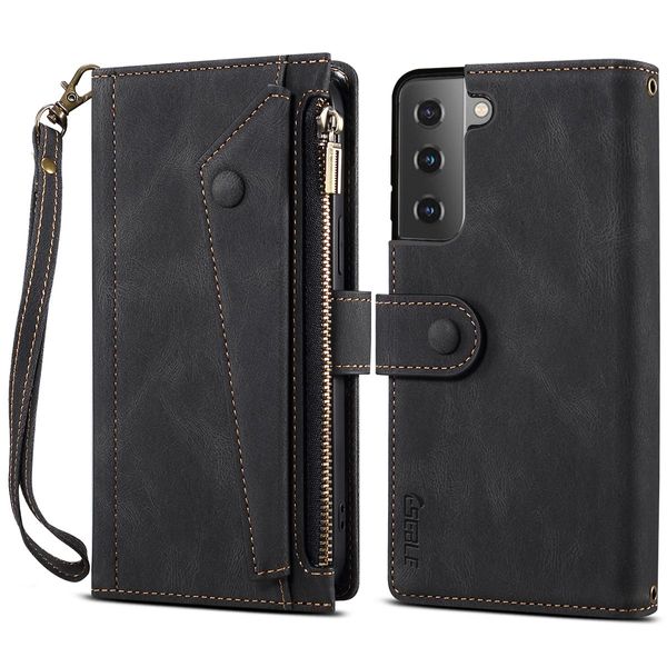 Custodia Protettiva Per Samsung Galaxy S21 5G, Custodia In Pelle Con Cerniera, Portafoglio Pieghevole Con Slot Per Carte, Supporto E Cinturino Nero-image