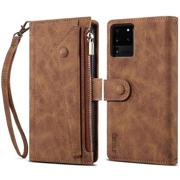 Custodia Protettiva Per Samsung Galaxy S20 Ultra / S20 Ultra 5G, Custodia In Pelle Con Cerniera, Portafoglio Pieghevole Con Slot Per Schede, Supporto E Cinturino Marrone-image