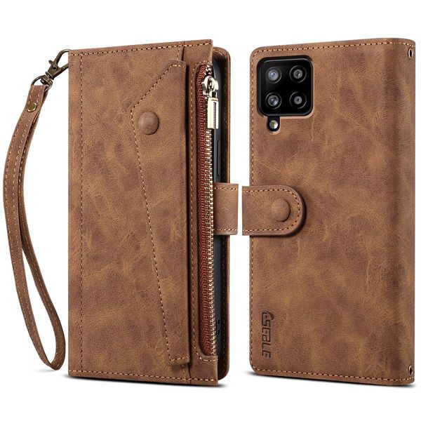 Custodia Protettiva Per Samsung Galaxy A42 5G, Custodia In Pelle Con Cerniera, Portafoglio Pieghevole Con Slot Per Schede, Supporto E Passante Marrone-image