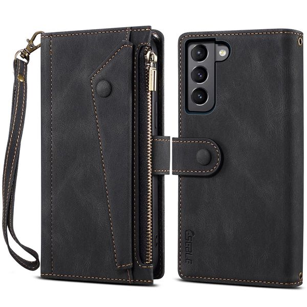 Custodia Protettiva Per Samsung Galaxy S23 In Pelle Con Cerniera, Portafoglio Pieghevole Con Slot Per Carte, Supporto E Cinturino Nero-image