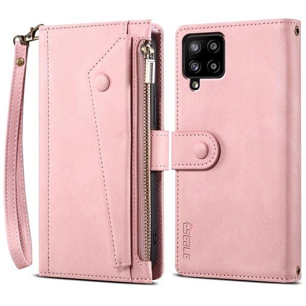 Custodia Protettiva Per Samsung Galaxy A42 5G, Custodia In Pelle Con Cerniera, Portafoglio Pieghevole Con Slot Per Schede, Supporto E Passante Rosa-image