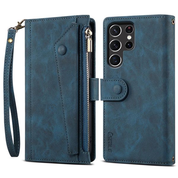 Custodia Protettiva Per Samsung Galaxy S23 Ultra In Pelle Con Cerniera, Portafoglio Pieghevole Con Slot Per Schede, Supporto E Passante Blu-image