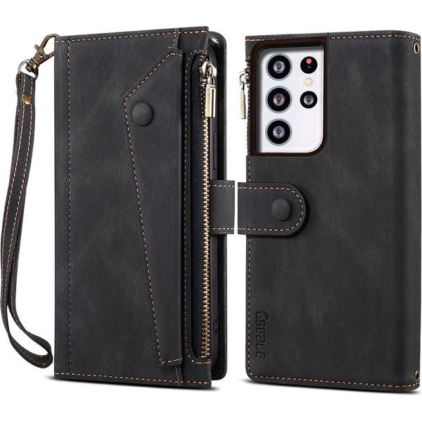 Custodia Protettiva Per Samsung Galaxy S21 Ultra 5G, Custodia In Pelle Con Cerniera, Portafoglio Pieghevole Con Slot Per Carte, Supporto E Cinturino Nero-image