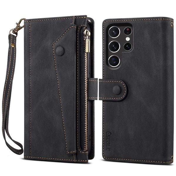 Custodia Protettiva Per Samsung Galaxy S23 Ultra In Pelle Con Cerniera, Portafoglio Pieghevole Con Slot Per Carte, Supporto E Cinturino Nero-image