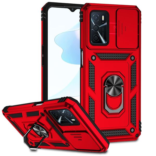 Custodia Per Oppo A16/A16S/A54S/A54 4G/A55 A Doppio Strato Con Copertura Scorrevole Della Fotocamera E Supporto Ad Anello Rosso-image